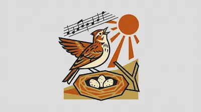 A streaked lark singing skyward beside a ground nest with speckled eggs, a rising sun disc, and a musical staff with notes on a light gray background.