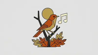 A stylized bird perches on a branch with autumn leaves at the base and a musical note near its beak.