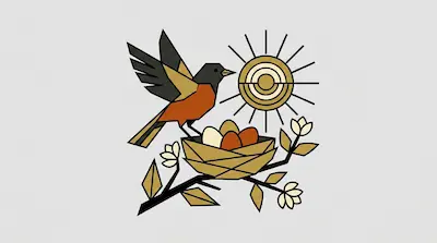 Flat illustration of a geometric robin perched on a nest with eggs, featuring a stylized sun and floral branches