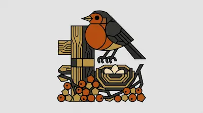 A geometric robin perches on a wooden post above a nest with three eggs, surrounded by berries at the base.