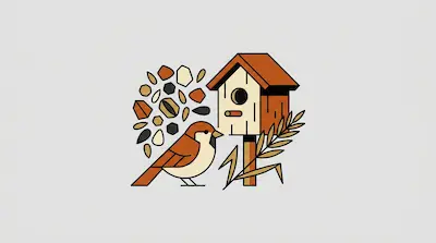 A stylized brown bird stands next to a wooden birdhouse with seeds and a wheat stalk.