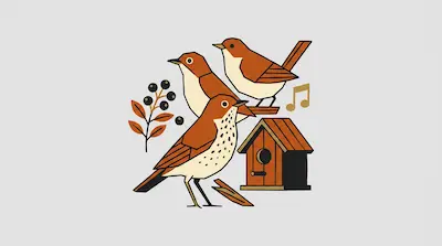 Flat illustration of three brown birds, a small wooden birdhouse, and a sprig of berries on a light grey background