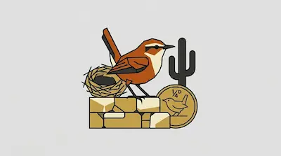 A small wren with an upright tail perched on a stone wall beside a dome-shaped nest, a cactus silhouette, and a farthing coin on a light gray background.