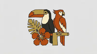Flat illustration of a toucan and a parrot perched near a hibiscus flower and a palm leaf on a light gray background