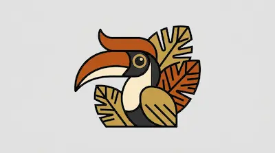 Flat illustration of a hornbill bird with a large orange beak surrounded by tropical leaves on a light gray background