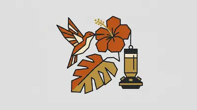Flat illustration of an orange hummingbird near a hibiscus flower, a monstera leaf, and a bird feeder on a gray background