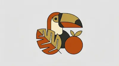 Flat illustration of a geometric toucan with a large beak, a jagged leaf, and an orange fruit on a light grey background