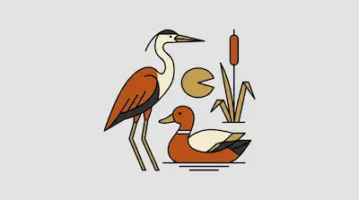 A tall heron and a swimming duck in a minimalist wetland scene with a lily pad and cattail.