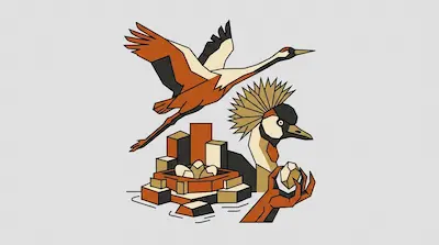 A crane in flight with extended neck beside a crowned crane head with golden feathers, a platform nest in shallow water, and a stone held in a claw on a light gray background.