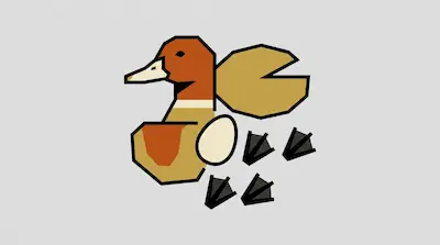 A stylized duck made of geometric shapes in brown, tan, and cream with thick black outlines and four webbed feet.