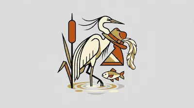 A white egret with long breeding plumes wading in shallow water beside a cattail reed, a small fish, and a vintage hat with a feather on a light gray background.