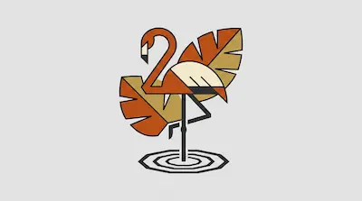 A geometric flamingo stands on one leg in water ripples against a backdrop of two large leaves.