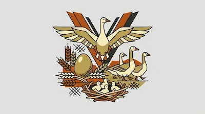 A goose with outstretched wings above a golden egg, a gaggle of geese walking, a nest with goslings, and wheat stalks on a light gray background.