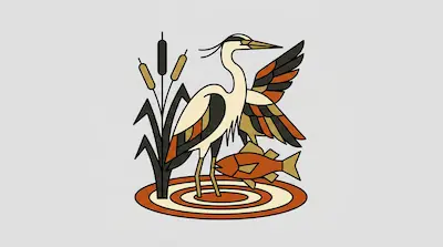 A stylized heron stands in rippling water next to a fish and cattails.