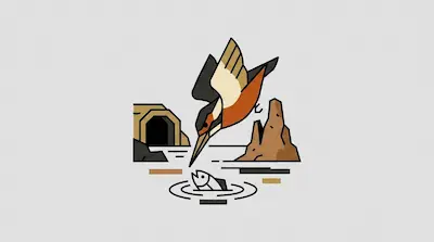 A kingfisher with a long dagger-like beak diving toward a fish in water beside a riverbank tunnel entrance and a termite mound on a light gray background.