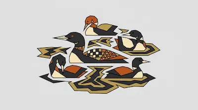 Flat illustration of five geometric loons with patterned feathers swimming on a gray background with abstract ripples