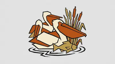 Three stylized pelicans, a fish, and cattails depicted with geometric shapes and bold outlines.