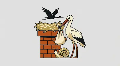 A white stork with a red beak carrying a bundle beside a large nest on a brick chimney, a snail shell, and a soaring stork silhouette on a light gray background.