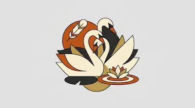 Two stylized swans face each other in front of a large orange circle, with a lotus flower and water ripples below them.