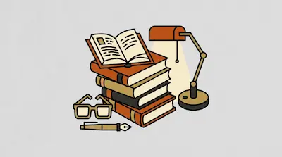 Flat illustration of a stack of books with an open book on top, a desk lamp, glasses, and a pen on a gray background
