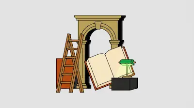 Flat illustration of a stone archway with a wooden ladder, a large open book, and a green desk lamp on a grey background