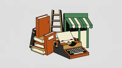 Flat illustration of a stack of books, a vintage typewriter, a wooden ladder, and a green storefront on a gray background