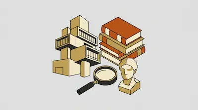 Flat illustration of a brutalist building, a stack of books, a magnifying glass, and a bust on a gray background