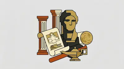 Flat illustration of a classical bust, architectural columns, and a floor plan scroll on a light gray background