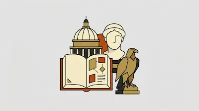 Flat illustration of an open book, a classical marble bust, a domed building, and a golden eagle on a grey background