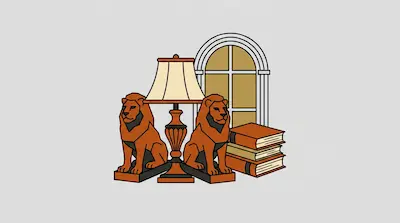 Flat illustration of two lion statues, a classic table lamp, and a stack of books against a white arched window