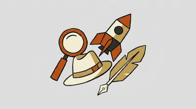 Flat illustration of a magnifying glass, a rocket ship, a fedora hat, and a quill pen on a light gray background