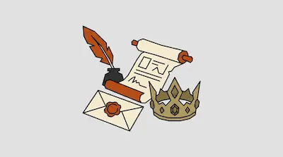 Flat illustration of a royal scroll, a gold crown, and a sealed envelope with a quill pen on a light gray background