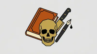 Flat illustration of a tan human skull in front of an orange book, a kitchen knife, and a fountain pen with ink