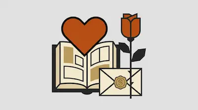 Flat illustration of an open book, a large red heart, a rose, and a sealed envelope on a light grey background