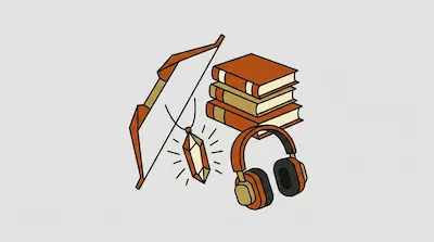 Flat illustration of a wooden bow, a stack of books, a glowing crystal necklace, and headphones on a gray background