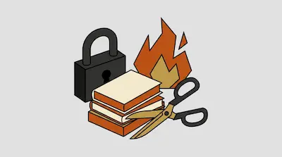 Flat illustration of a stack of books surrounded by a black padlock, a fire flame, and a pair of scissors.