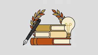 Flat illustration of a stack of books, a fountain pen, and a lightbulb framed by a laurel wreath on a gray background