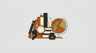 Flat illustration of a stack of books, a magnifying glass, an inkwell with a quill, and a globe on a gray background