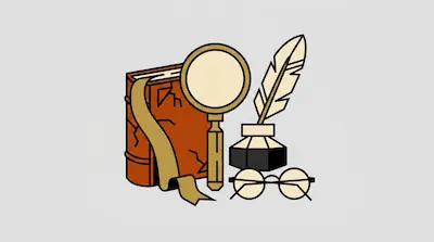 Flat illustration of an old book with a ribbon, a magnifying glass, a quill in an inkwell, and round glasses