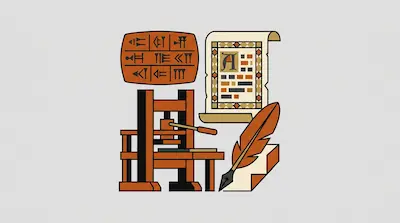 Flat illustration of a printing press, a cuneiform tablet, a quill, and a scroll on a light gray background