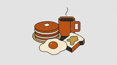 Flat illustration of a breakfast spread with a stack of pancakes, a fried egg, toast, and a steaming mug of coffee.