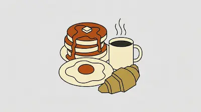 Flat illustration of a breakfast spread with a stack of pancakes, a fried egg, a croissant, and a steaming cup of coffee