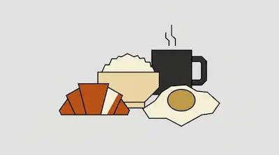 Flat illustration of breakfast items including a steaming black mug, a bowl of rice, a croissant, and a fried egg