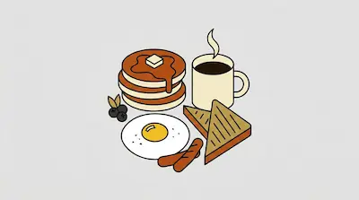 Flat illustration of a breakfast spread with a stack of pancakes, a fried egg, toast, and a steaming cup of coffee