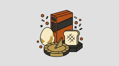A tall box, an egg, a round dial with a pointed hand, and a slice of bread with crosshatch marks grouped together.