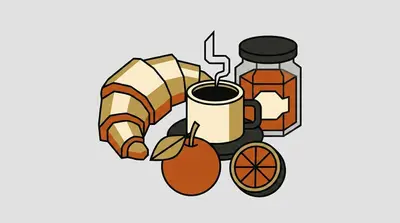 A crescent-shaped pastry, a steaming mug, a round fruit with a leaf, a citrus slice, and a labeled jar with a dark lid.