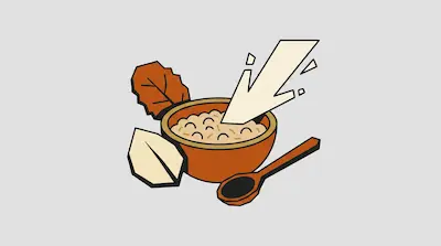 Flat illustration of a bowl of oatmeal with a wooden spoon, leaves, and a large white arrow on a gray background