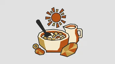 Flat illustration of a bowl of cereal with a spoon, a milk pitcher, and a stylized sun on a light gray background