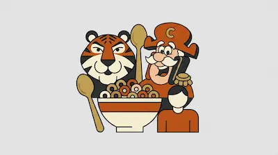 Flat illustration of a tiger, a sea captain, and a person with a bowl of cereal and spoons on a gray background