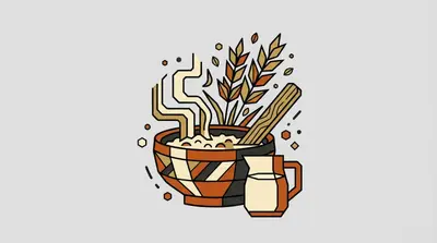 A steaming bowl of porridge with a wooden stick, a jug of milk, and stalks of grain behind it.